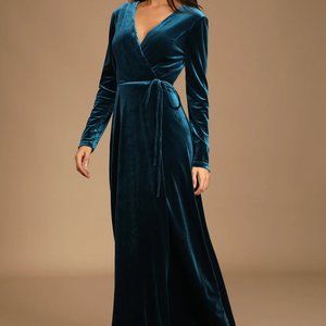 Jacinda Teal Blue Velvet Wrap Maxi Dress